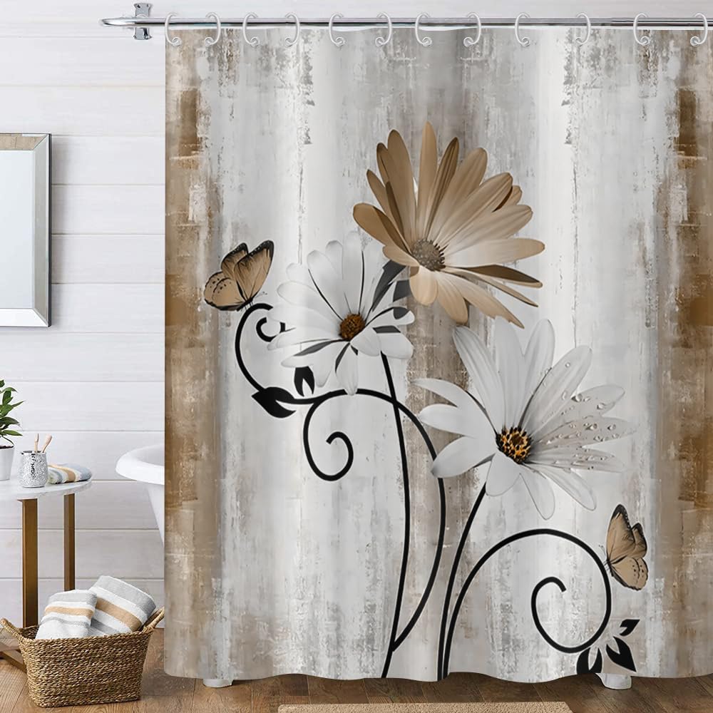 Hnmdmyi Farmhouse Floral Shower Curtain 150x180, Rustic Brown Daisy Flowers and Butterfly on Country Wooden Board Bathroom Curtains Waterproof Polyester Fabric Washable Bath Curtains with Hooks