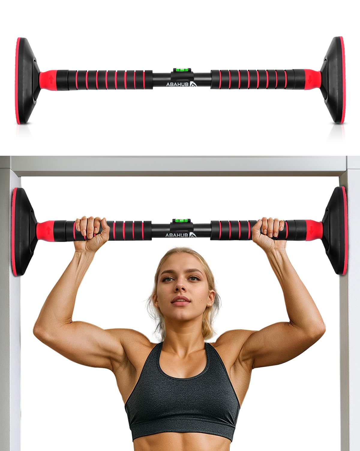 Abahub Barra para Tracciones de Puerta, Sin Tornillos, 120kg de Carga - Para Entrenamiento Intenso de Espalda y Hombros – Negro/Rojo