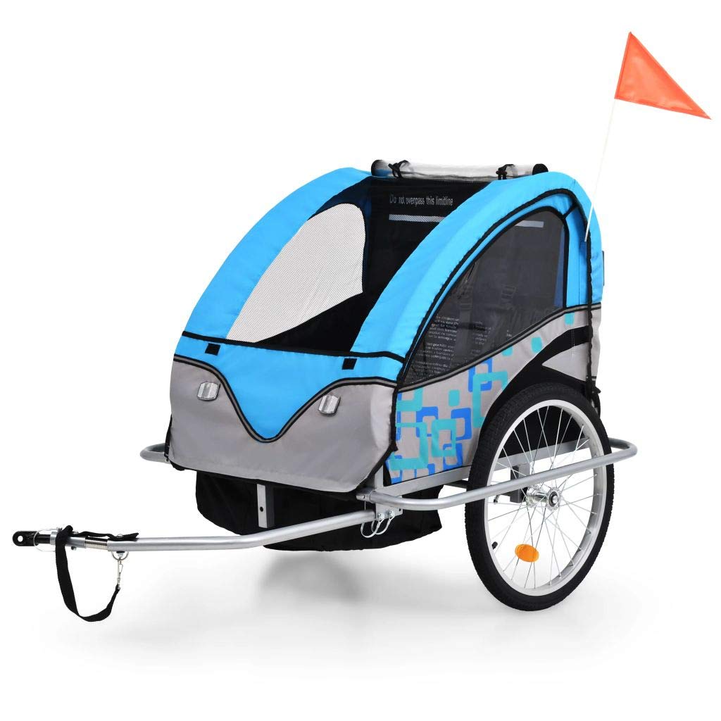 BaraSh Cochecito y Remolque de Bicicleta para niños 2-en-1 Azul Gris Remolque Bicicleta niños portaequipajes Bicicleta