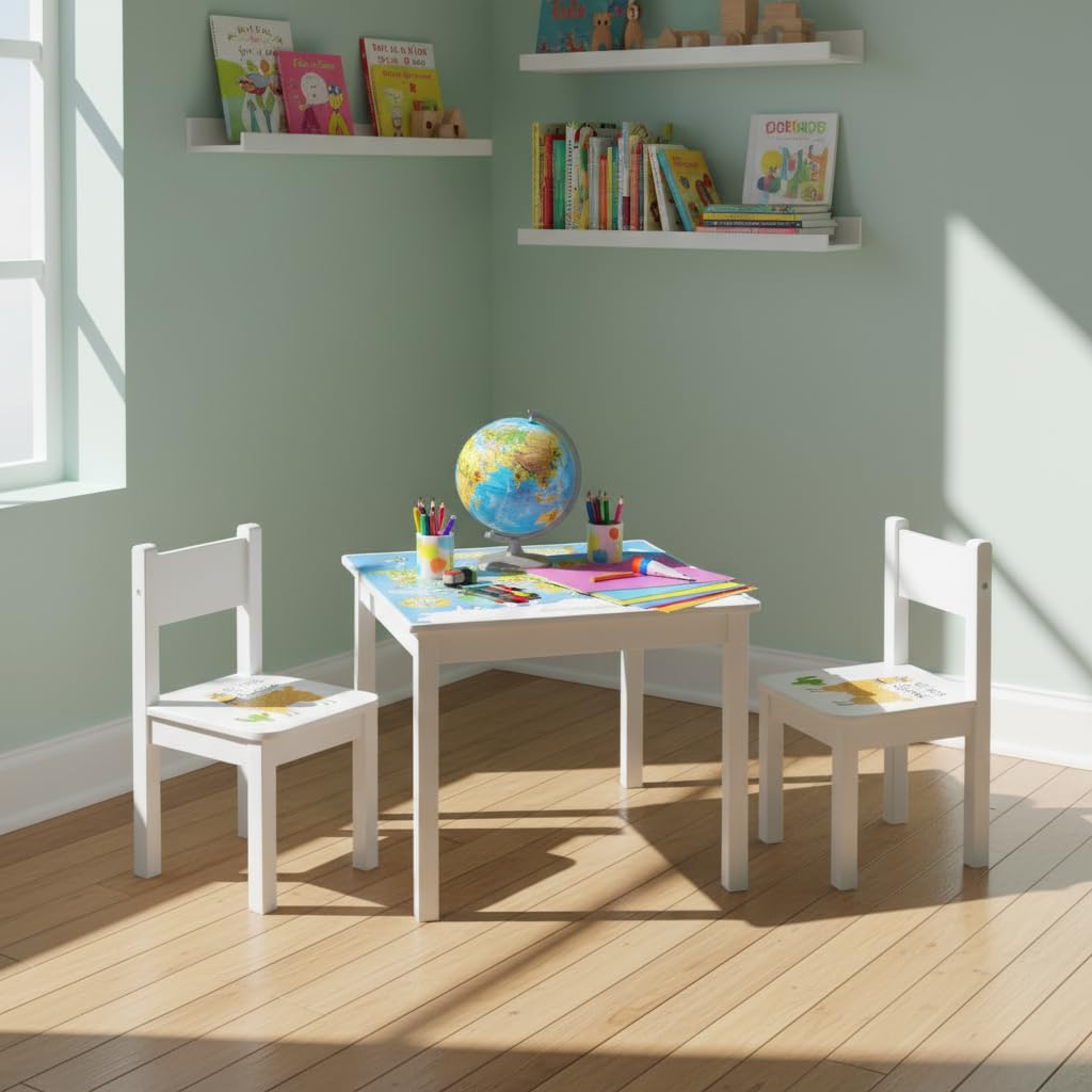 leomark Mesa y sillas de Madera para niños - Mapa del Mundo - Juego de Muebles Infantiles, impresión UV, Altura: 49 cm