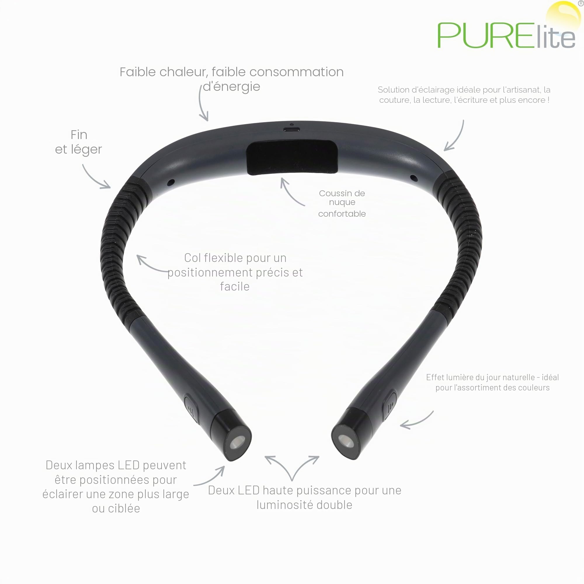 PURElite Lampe de Lecture de Cou Rechargeable au Lit, LED flexible, lampe de lecture mains libres réglable, ampoules à intensité variable 3 couleurs pour la lecture, la couture, l'artisanat – Noir