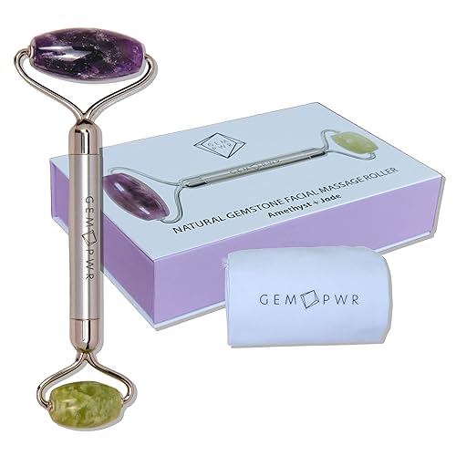 GEM PWR Amatista rodillo de jade para masaje facial y cuello piedras preciosas dobles con mango de acero duradero y bolsa de viaje Minimiza las