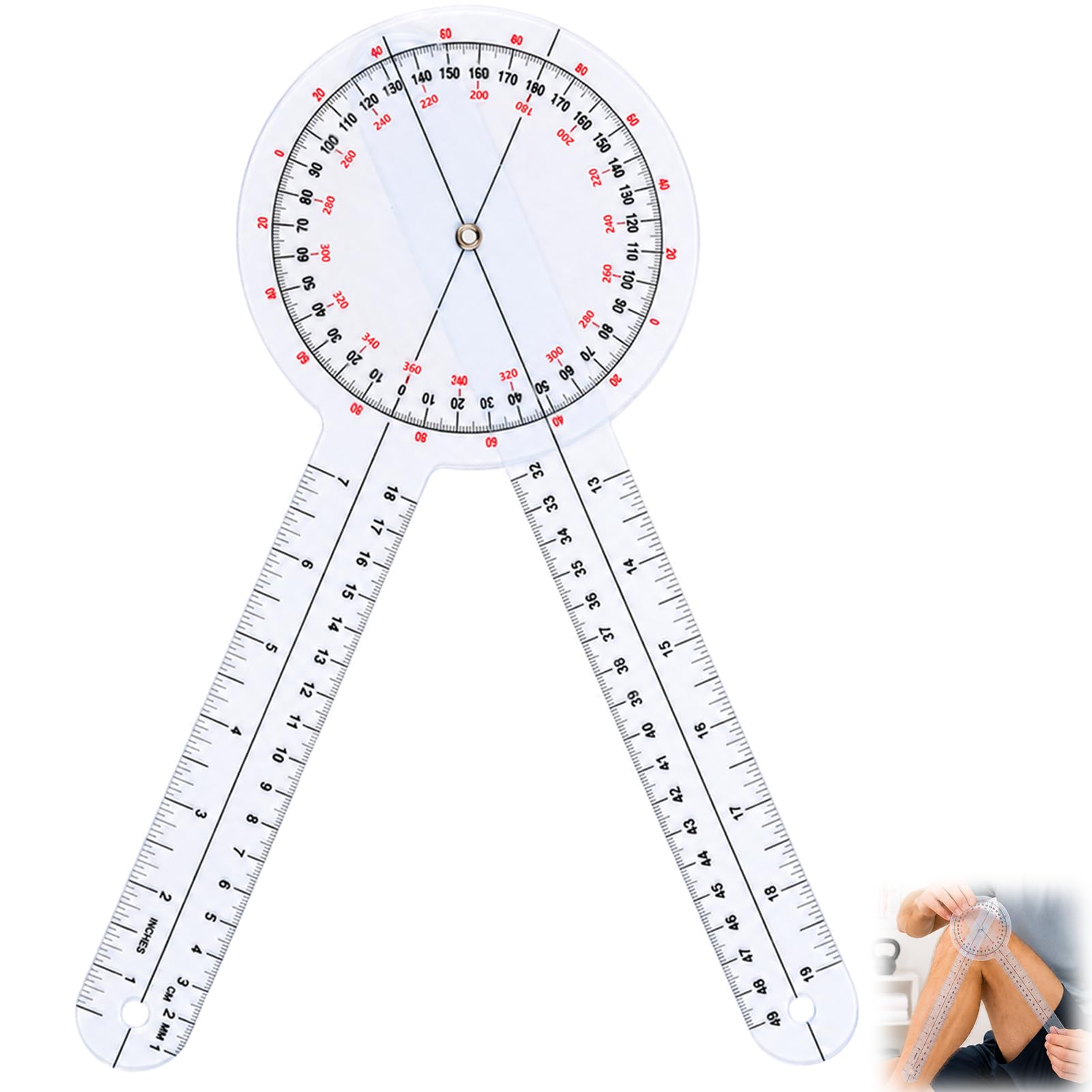 12 Inch Transparent Goniometer, 360 Protractor Degree Orthopedic Angle Measurement Tool, Protractor Plastic Angle Ruler Measuring Tool for Body Measuring Physical Therapy Joint Mobility