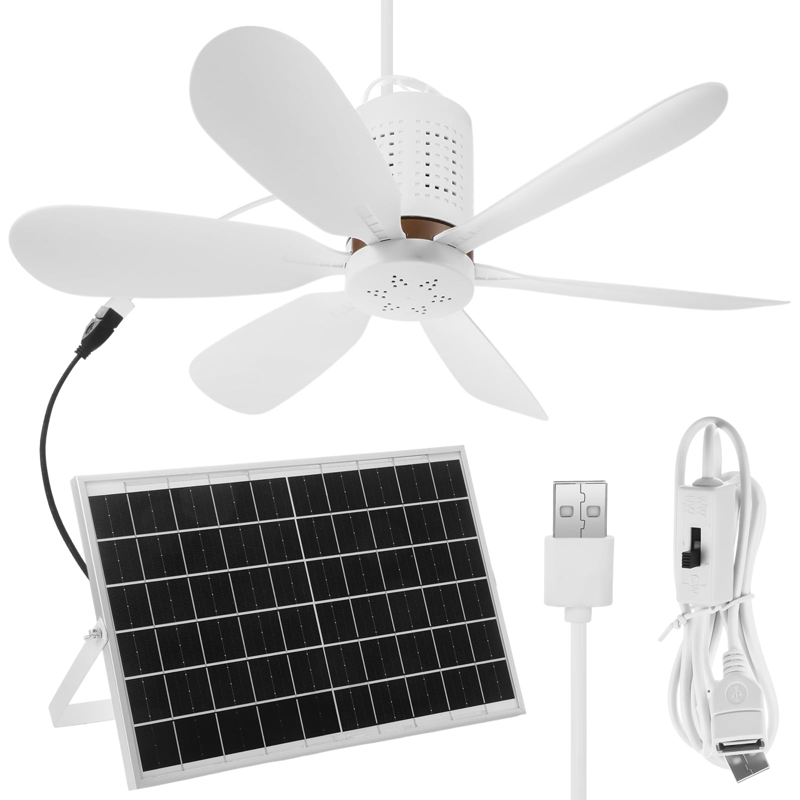 Kit de ventilateur de plafond solaire portable 15 W avec panneau solaire monocristallin USB à suspendre avec bouton marche/arrêt pour terrasse, camping, tente, poulailler, serre, abri de