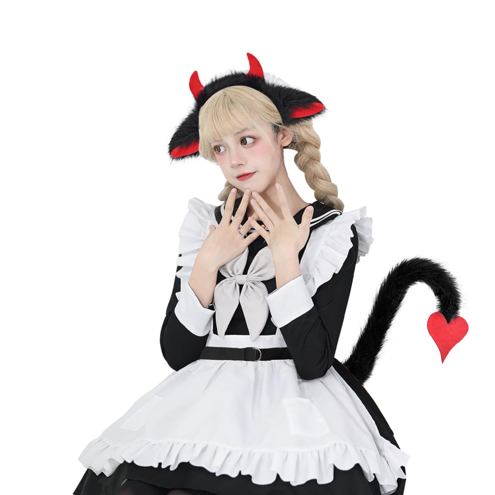 Moonlove Cosplay Yak Ears Headband and Bendable Tail Set Faux Fur Animal Devil Demon Elf Ears Long Tail Kit Halloween Costume Valentine’s Day Fancy Dress Up Costume Accessories Party Prop - Image 2