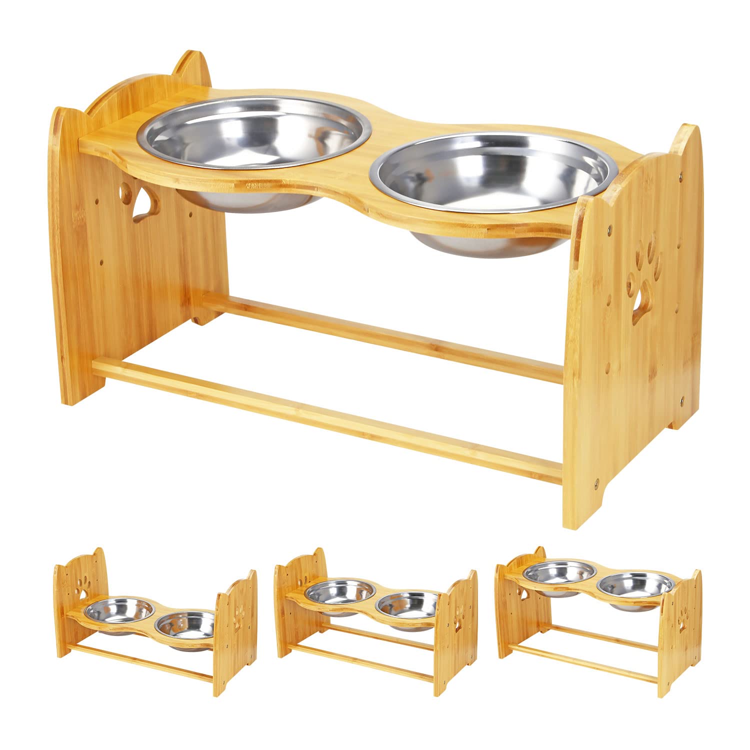 Taylor & Brown Large Raised Dog Bowls for Cats and Dogs - Bamboo Elevated Dog Cat Food and Water Bowls Stands Feeder Dishes with 2 Stainless Steel Bowls and Anti Slip Feet, 28.4cm high