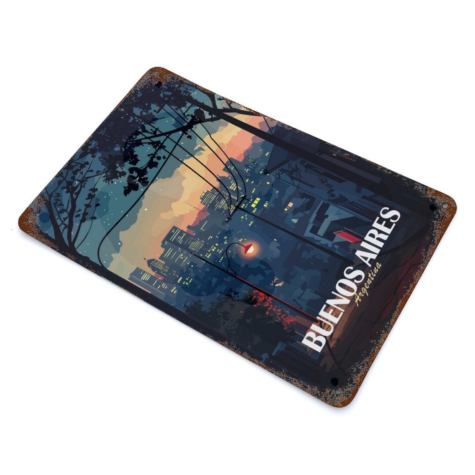 Garage Style Buenos Aires Cityscape at Dusk Rustic Tin Plaque 11.8"x7.9", Classic Wall Plaque for Bar And Workshop