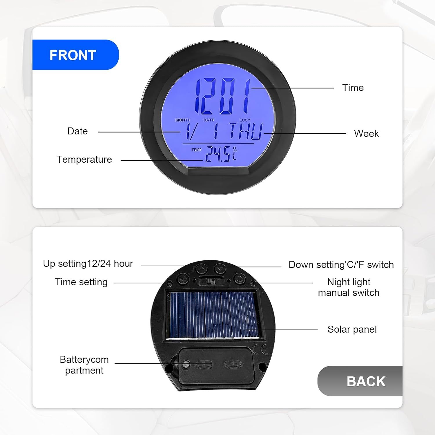 Car Digital Thermometer Clock, Dashboard Adhesive LCD Display Watch with Automatic Backlight at Night, Fahrenheit Temperature Display 24 Hour Format Time Clock for Car Home Office image 3