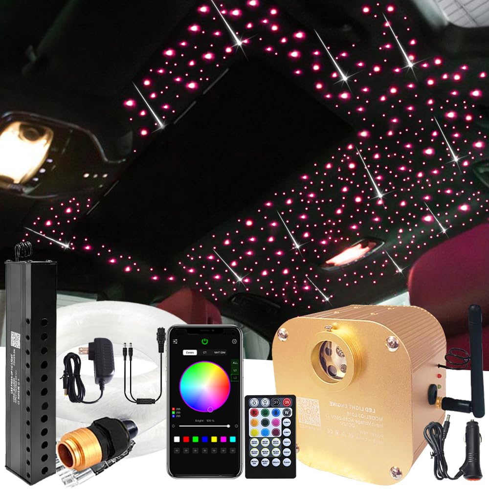 FIREWORK Meteor+Twinkle 16W RGBW Starlight Headliner Kit, Mixed 460pcs (0.03in+0.04in+0.06in) 13.1ft/4m Fiber Optic Star Lights for Car Home Ceiling with Music Mode &amp; Bluetooth APP/Remote Control
