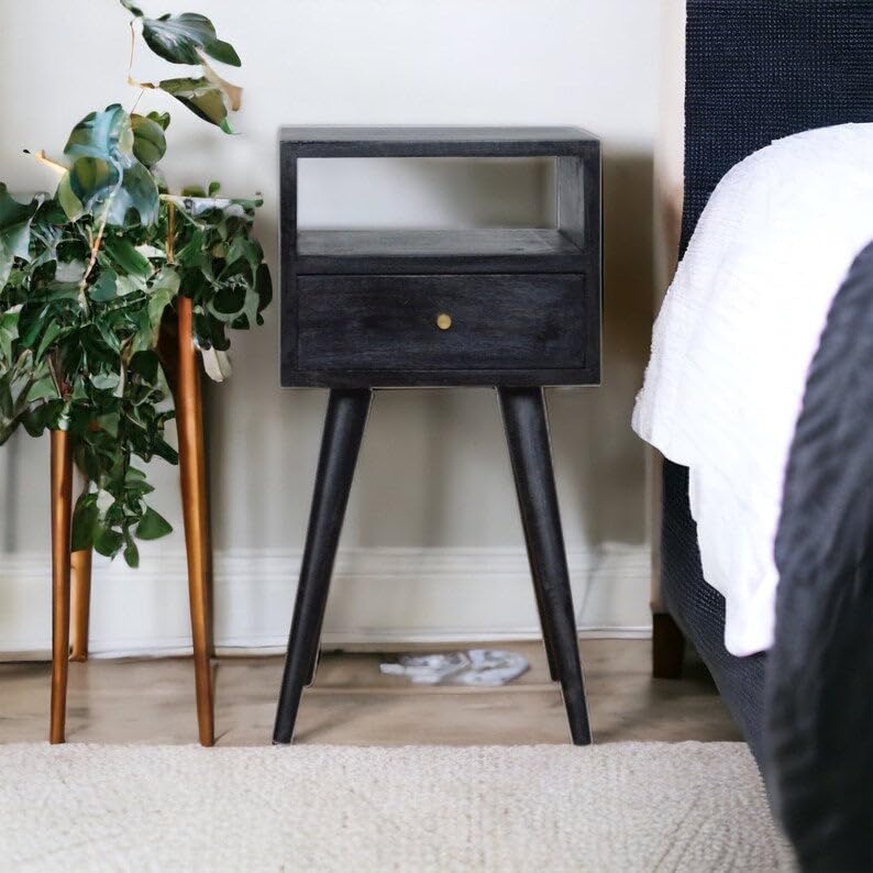 Image of IThree Modern Nightstand with Open Shelf, Single Drawer, Black Wood, Mid-Century Style Legs (Style 1) (Style 2)