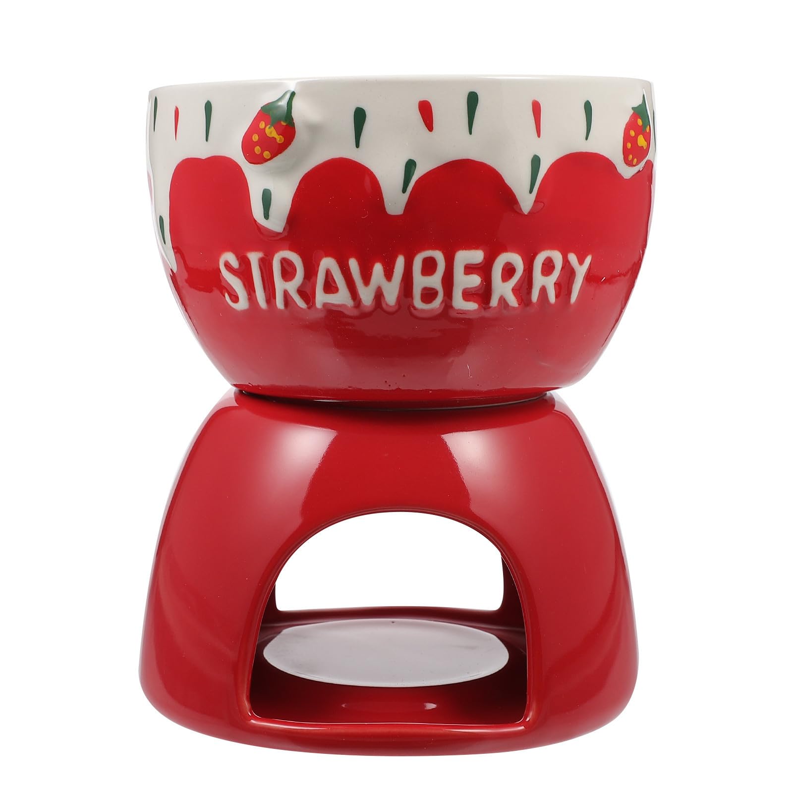 Olla de Cerámica para Fondue de Chocolate y Queso Calentador para Mantequilla, Diseño Fresa Rojo, Adecuado Obsequio para Amigos y Familia en Invierno