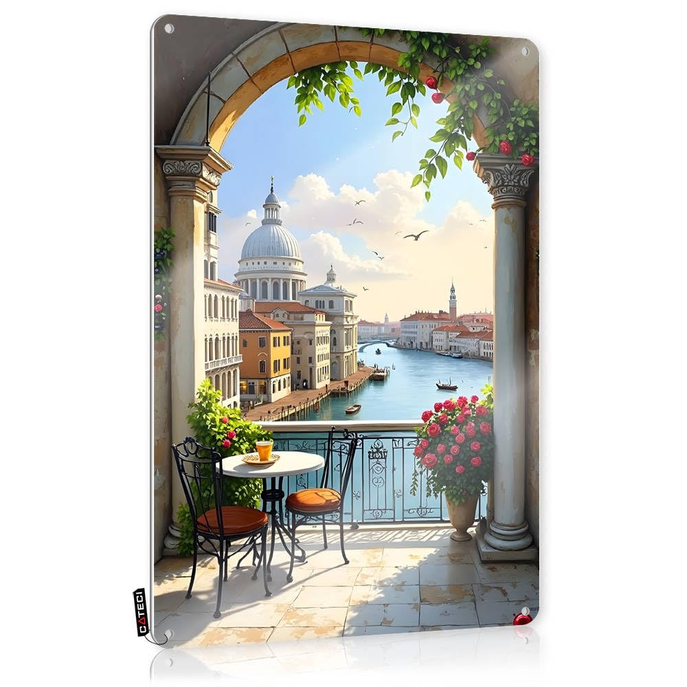 Fzfn Colour Romantic Balcony Overlooking A Serene Canal Scene Metal Wall Decoration Core | Large Decor Decorative Wall Art(30X40cm)