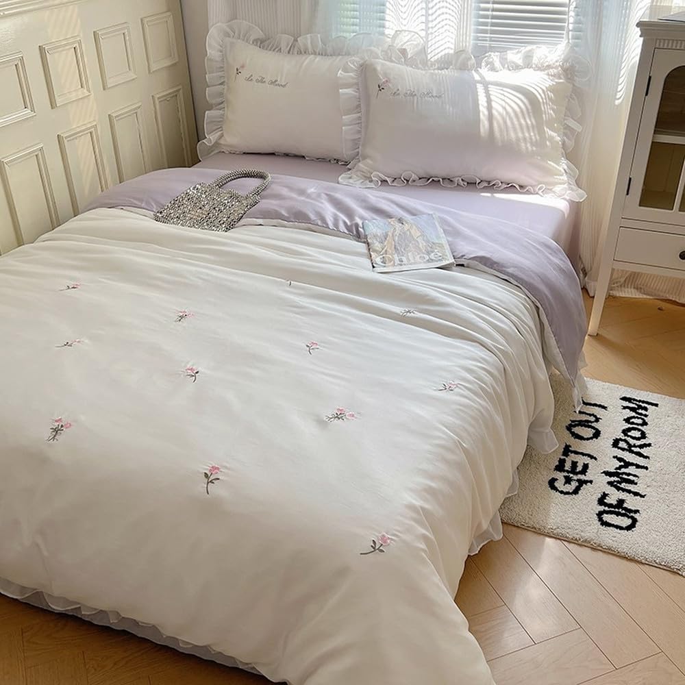 Juego de sábanas 100% Seda Lavada con Bordado, Funda nórdica y Fundas de Almohada, cómodo, Sencillo, Suave, Texturizado, Tacto Fresco y refrescante para el Verano, Color 2, Doble 200 x 200
