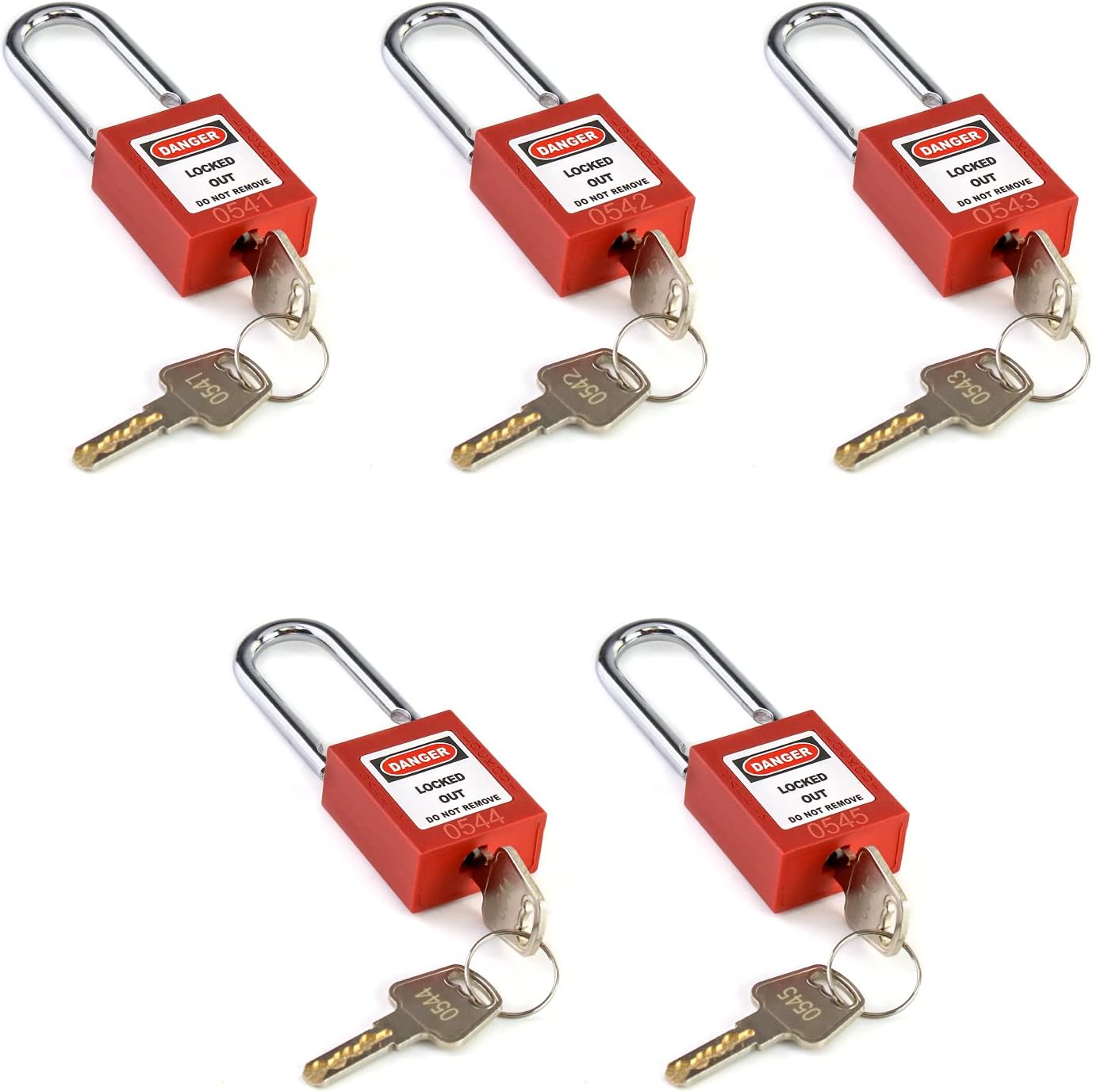 QWORK® Safety Lockout Padlock Set, 5 Locks with 10 Keys, Non-Conductive Thermoplastic Body, Steel Shackle, Red