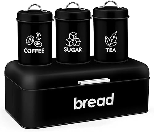 TeamFar Caja de pan, caja de pan grande de metal con recipiente de café para té de azúcar, juego para encimera de cocina, lata de pan para panes,