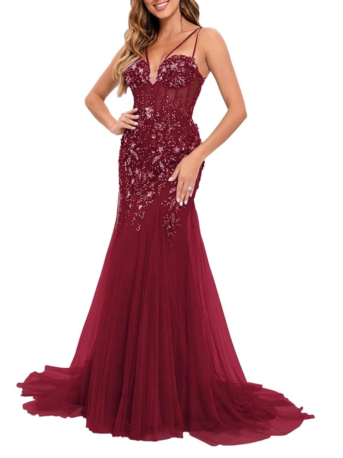 Trumpet Mermaid Elegant V-Neck Open Back Sweep Train Sleeveless Tulle Prom Dresses with Sequins Appliques Lace 2024