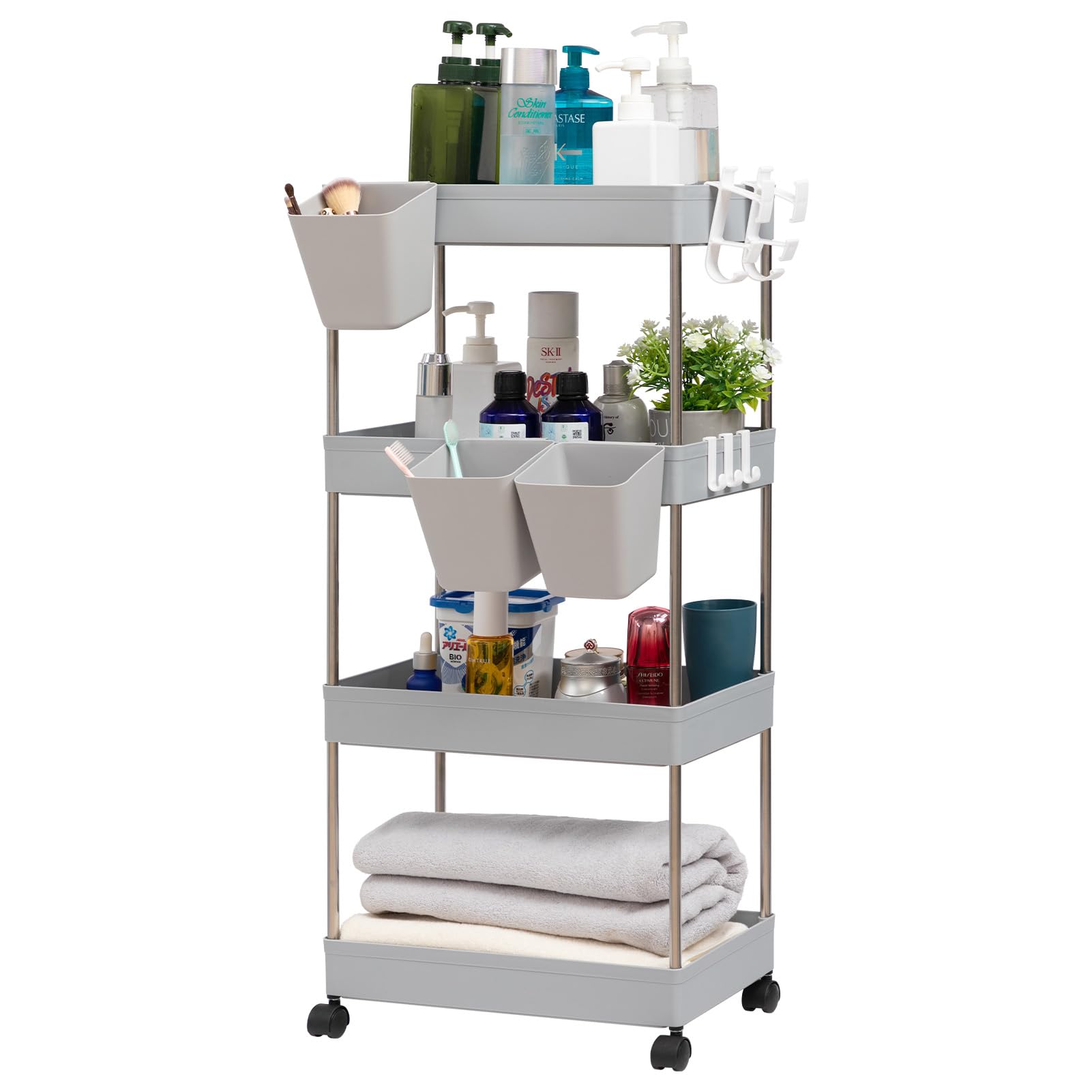 DOEWORKS Carrelli Portaoggetti con Tazze Appese Carrello Cucina a 4 Ripiani, Organizer Carrello Scaffale con Ruote per Cucina Bagno Ufficio, Grigio