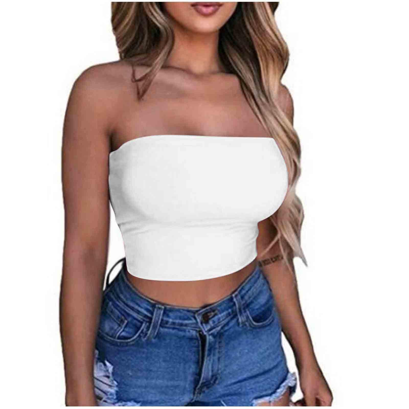 KOG Gutschein Amazon Bandeau Top Damen Crop Tops Sexy Tube Top Frauen Sommer Y2k Aesthetic Clothes Off Shoulder Bauchfreies Trägerloses Top ärmellos Korsett Amazon Warehouse Deal Weiß L