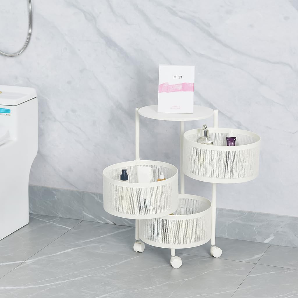 Deconation Resserre 3 Paniers Rotatifs sur Roues en Acier Blanc | H 60 Cm X D 33 Cm | Etagère De Rangement Cuisine, Salle De Bain, Bureau..