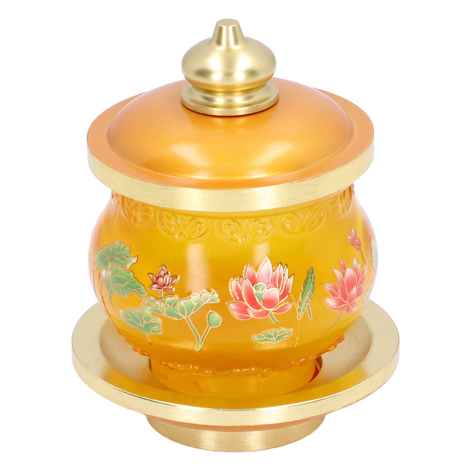Cyrank Altar Cup, Holy Water Offering Cup Buddhist Temple Water Bowl Buddhist Worship Cup Lotus Printed Offering Cup with Tray for Home, Temple