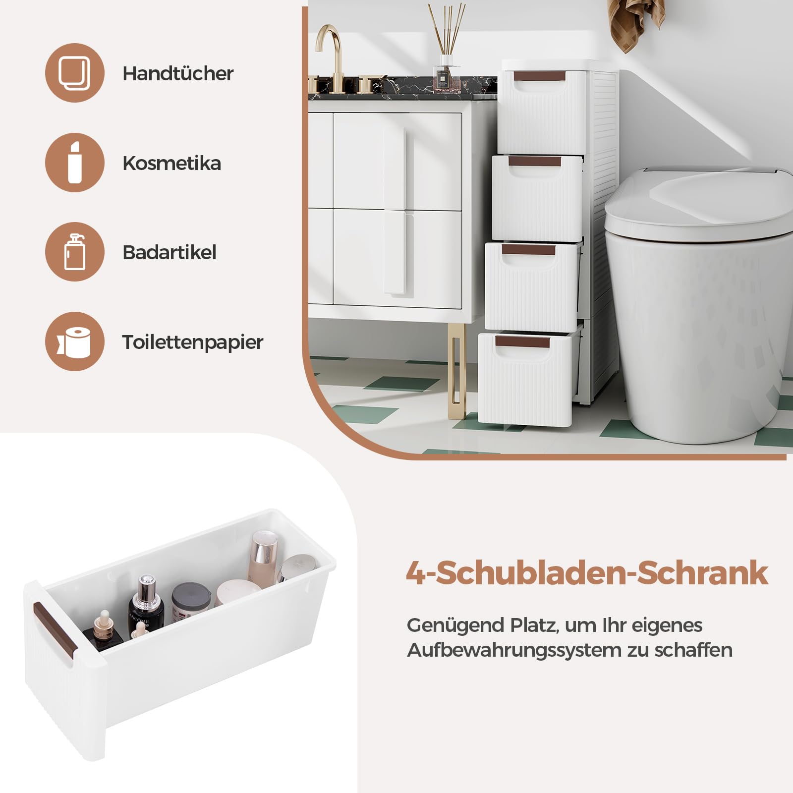 COSTWAY Nischenschrank schmal mit Rollen, Nischenregal 20cm breit, Nischenwagen mit 4 Schubladen, Badrollwagen für Bad, Klassenzimmer, Studio & Salon, Weiß, 42 x 19 x 74 cm