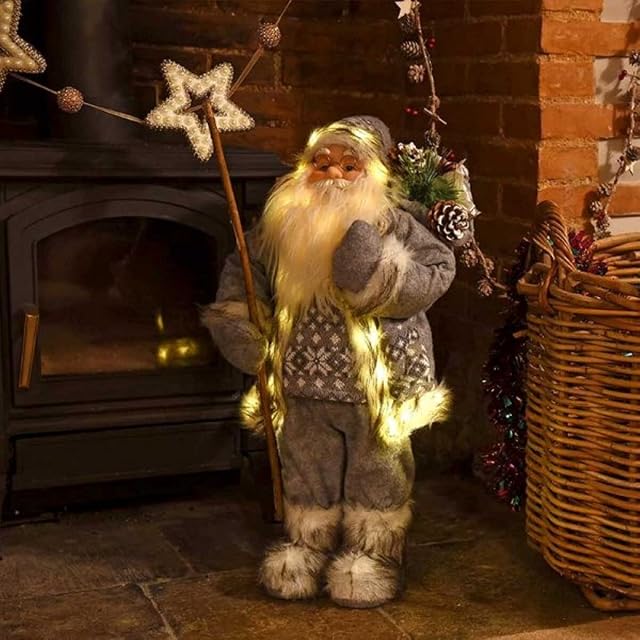 Marco Paul Traditional Standing Grey Jumbo Christmas Santa Claus with 28 Led Light Battery Operated Deluxe In-Lit Christmas Decorations Plush Festive Figure Father Christmas Ornaments Home Decor 60cm
