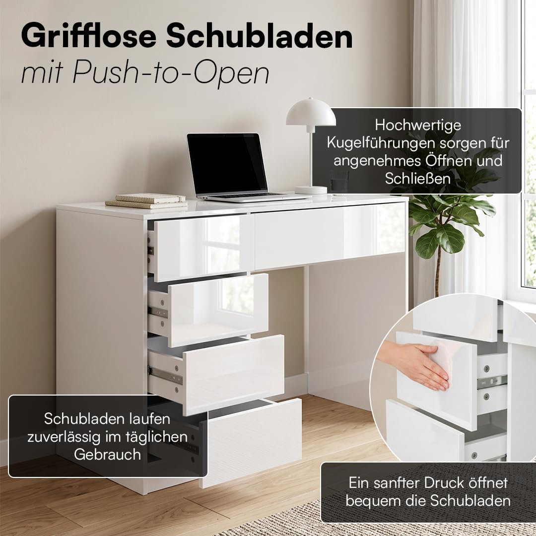 Bellamio Livny Schreibtisch Hochglanz Weiß mit 5 Schubladen, Bürotisch | Schminktisch, Jugendschreibtisch, 80x53x110 cm, Schubladen beidseitig montierbar, Schreibtisch mit Stauraum, White Desk