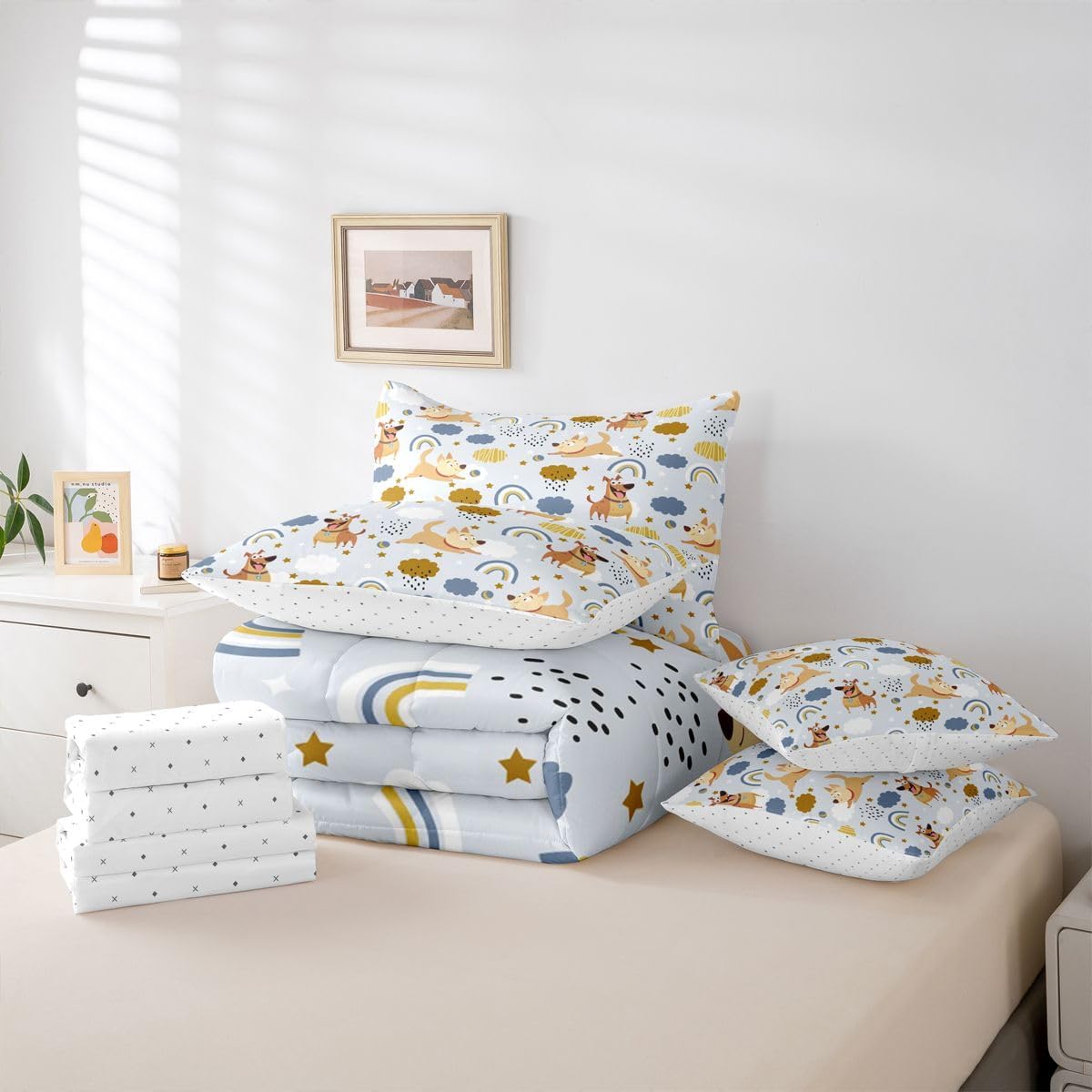 Feelyou Dog Bedding Set for Girls Boys Kids Full Size Rainbow Print Bedding Set Cute Pet Dog Pattern 7 Pieces Kawaii Blue Bed in a Bag,Comforter + Sheets + Pillowcases + Cushion Covers