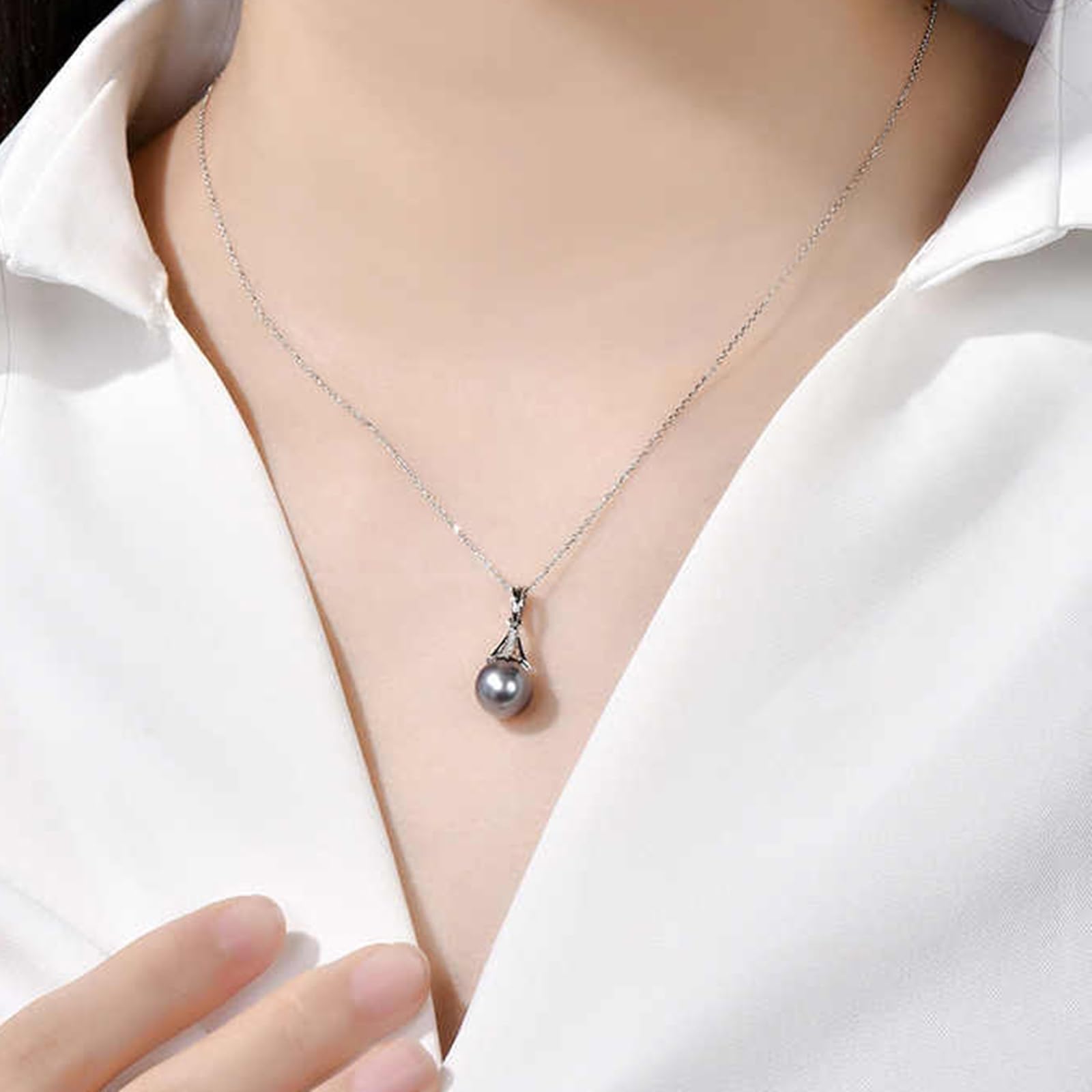 Chaîne en or blanc 18 carats avec pendentif en perle grise élégante de 8 à 9 mm avec diamant 0,06 carat, pour femme, Au750, véritable bijou personnalisé