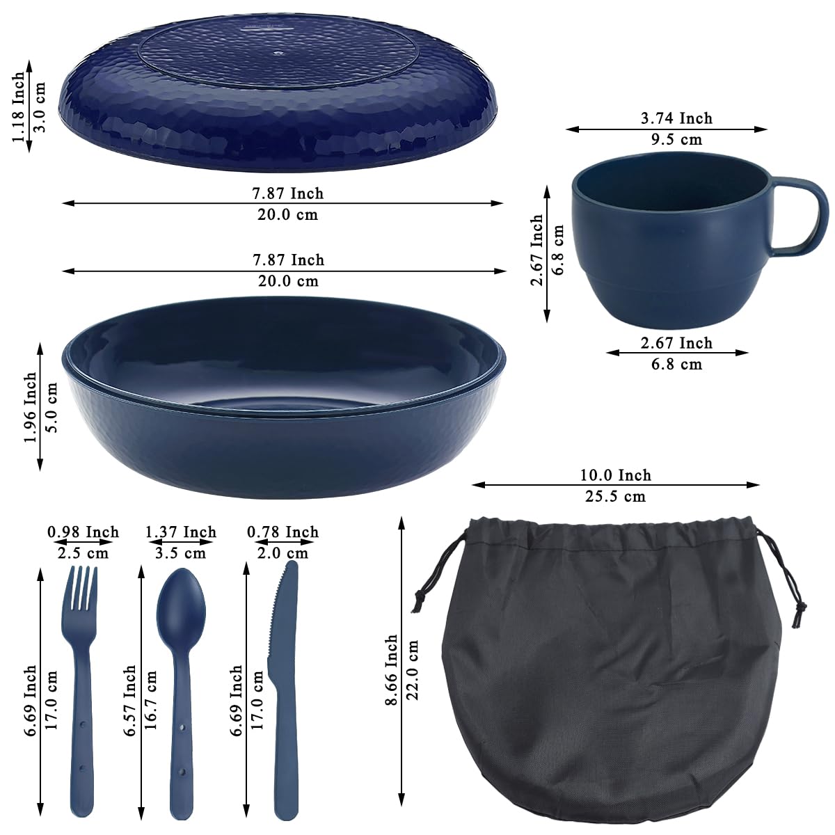 Evanda Kit Vajilla Camping, Plato, Taza, Cuchara, Tenedor, Cuchillo y Bolsa de Transporte, Reutilizable Accesorios para Acampar Equipo Esencial Ligero y fácil de Transportar o Poner en la Mochila