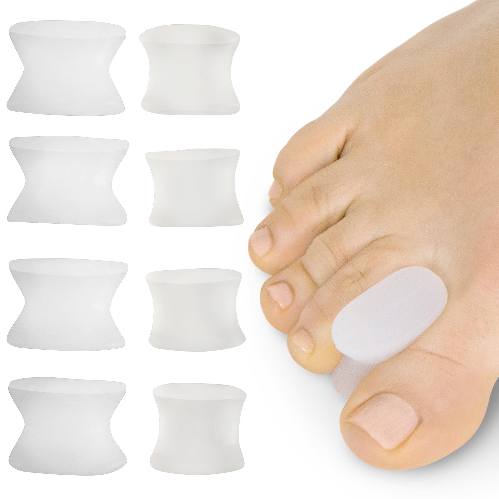 VIVEsole Toe Spreaders for Feet (8 Pack) - Silicone Spacers for Women & Men - Gel Separators for Bunions, Overlapping Toes, Pain Relief - Orthotic Dividers for Athletes, Alignment & Corrector