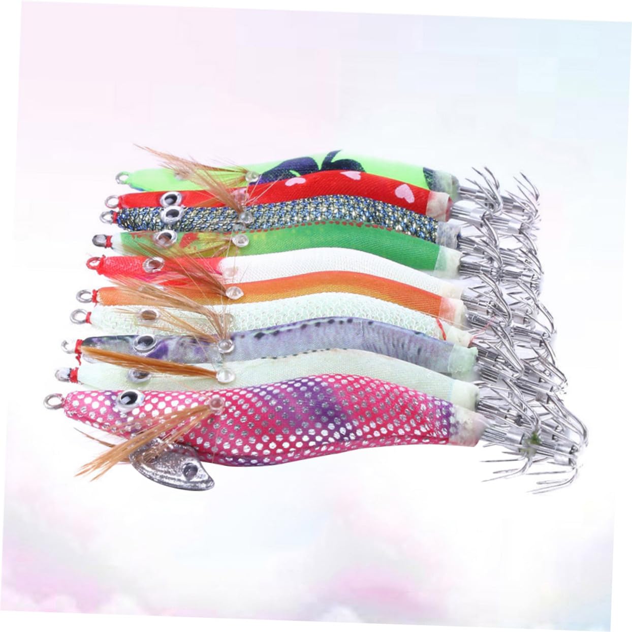 HANABASS 10 Pezzi da Pesca Artificiale Simulazione Gamberetti e Calamari Esca Realistica in Plastica Colorata Ganci in Acciaio Resistenti e Antiruggine per Attrezzatura Pesca Facile da