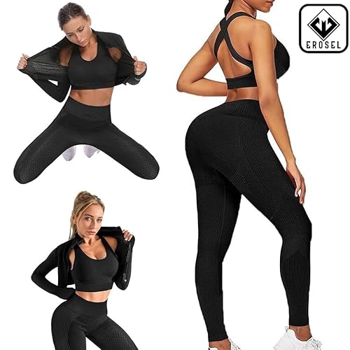 EROSEL Conjunto de 3 peças de roupas femininas sem costura, roupa de ginástica e ioga, conjunto de 3