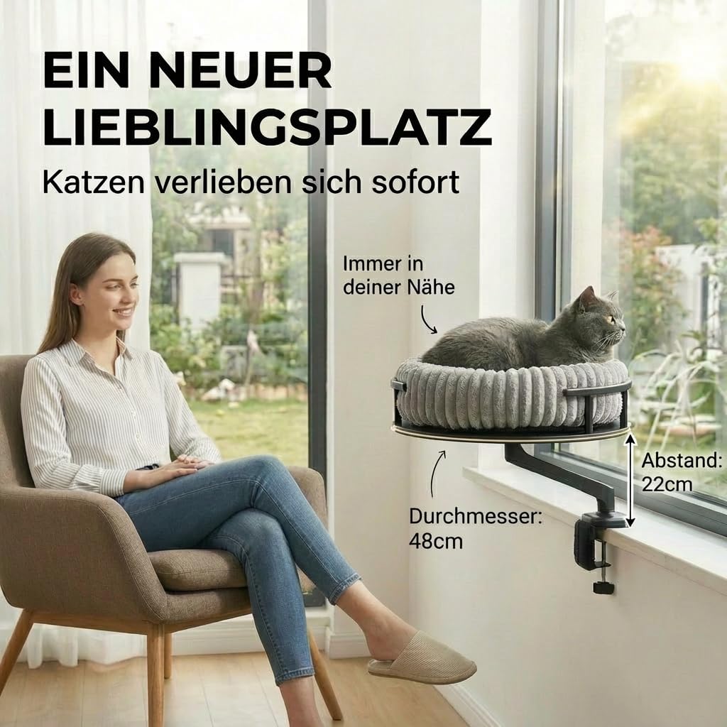 Katzenbett LEVI | Katzenbett Schreibtisch | Katzenplattform | Für Tische und Fenstersims | Inkl. 2 Betten | Cord-Design Grau | Robust und modern (Schwarz)