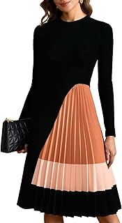 Women's Elegant Pleated Midi Dress Fall Color Block Long Sleeve A Line F...