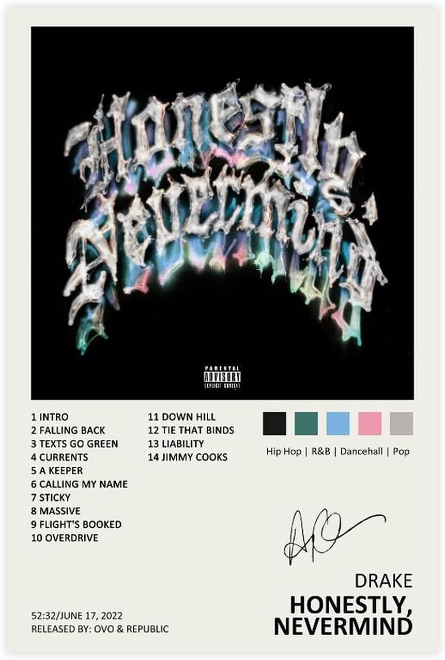 YGULC Drake Poster Honestly Nevermind Music Album Cover Signed Limited Edition Canvas Poster Bedroom Decor Sports Landscape Office Room Decor Gift Unframe: 16x24inch(40x60cm)