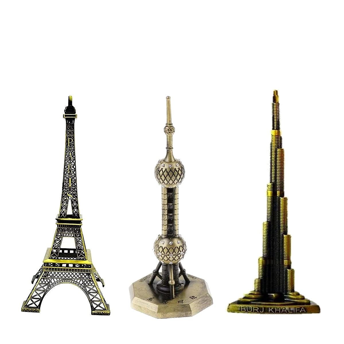 Metal Showpiece Combo - Paris Eiffel Tower | Shanghai Oriental Pearl Tv Tower | Burj Khalifa for Home Decoration Items | Birthday