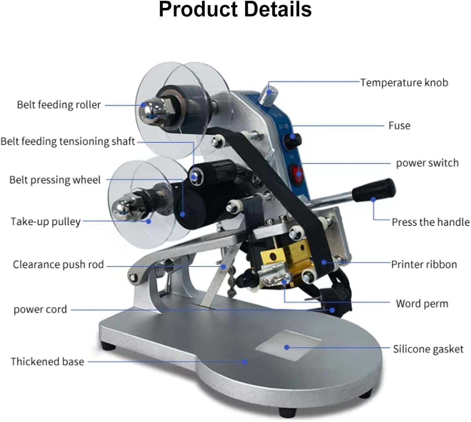 Elettrico Ribbon Code Printer, Regolazione della temperatura 1-5, Macchina di codifica del nastro, Macchina di stampa della data, Stampante del timbro del codice di base del metallo