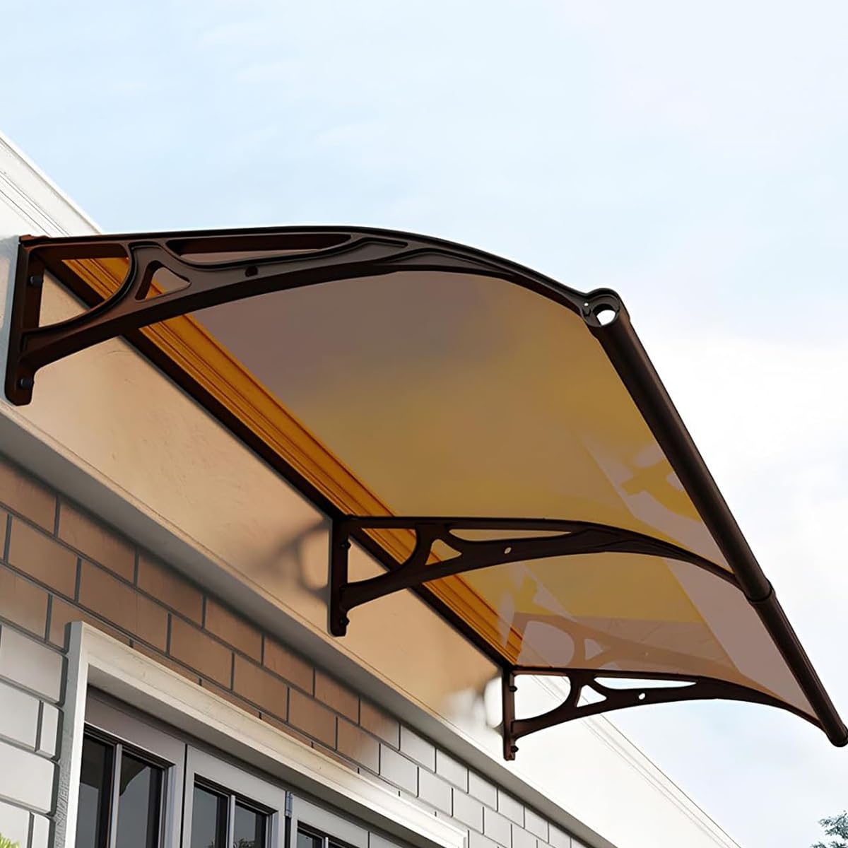 Robusta copertura per porta e finestra, 0,3 cm, per patio, pioggia, portico, giardino, tettoia per protezione dai raggi UV, in alluminio, con staffa nera (marrone, 50,8 x 50,8 cm)