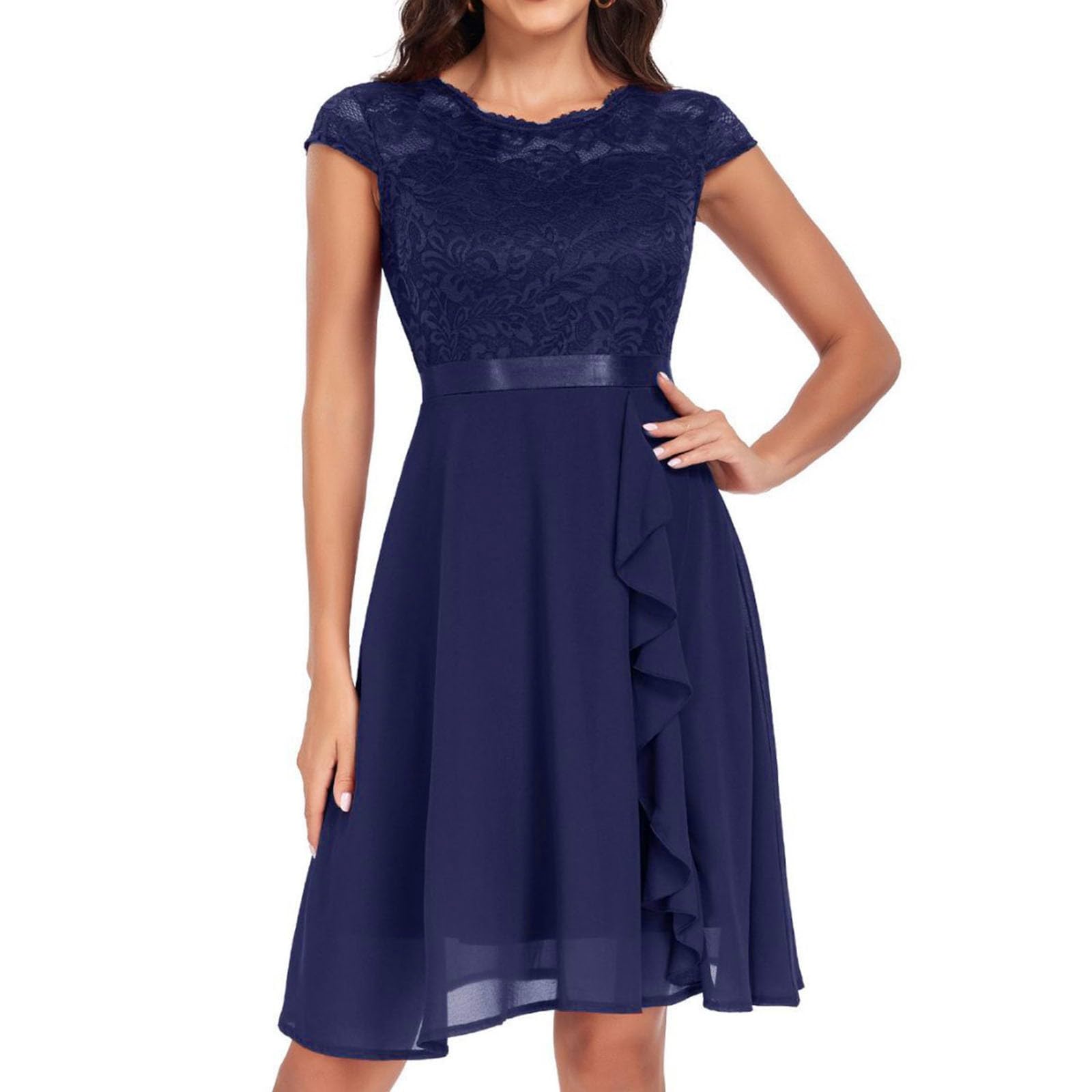 Kleid Hochzeitsgast Damen,Festliche Damen Elegant Kurzarm Abendkleider Spitze Rüschen Cocktailkleid Für Hochzeit Abschlusskleid Chiffonkleid