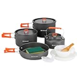 15pcs Camping Cookware Non-Stick Lightweight Camping Pots and Pans Set with Kettle Plastic Plates Bowls Soup Spoon for Camping, Backpacking, Outdoor Cooking and Picnic