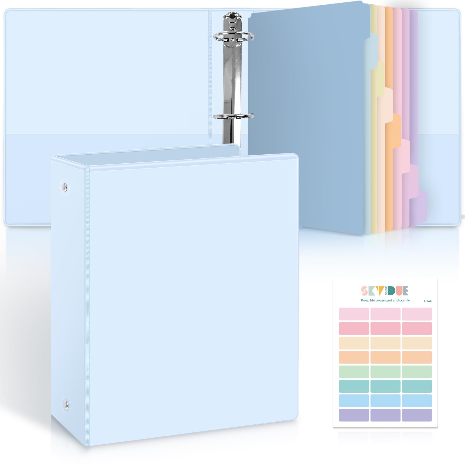 SKYDUE Classeur à 3 anneaux de 5,1 cm avec 8 intercalaires et 24 étiquettes, organiseur de classeur pastel de grande capacité pour papier de format lettre, classeur scolaire esthétique pour documents