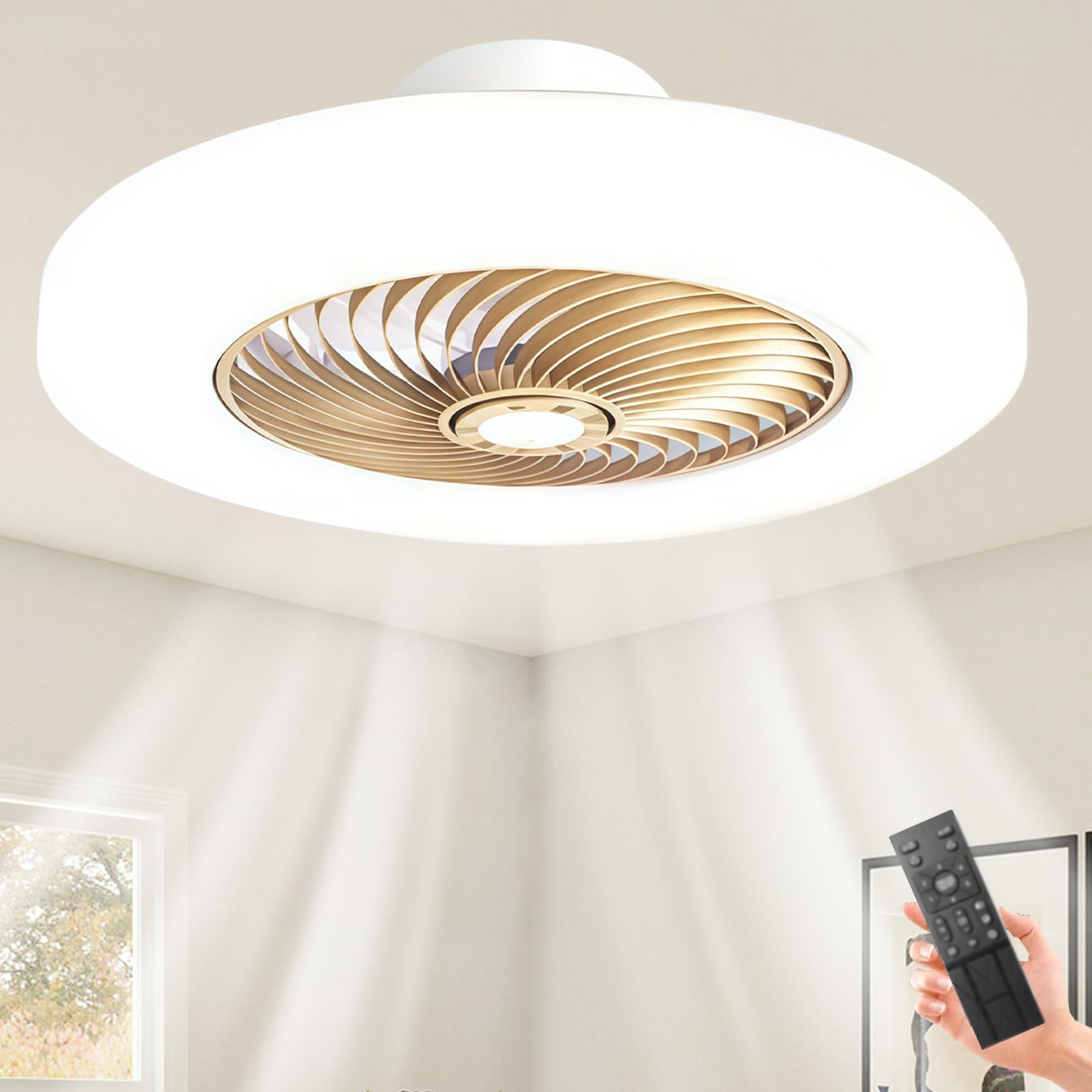 HXYSXHJUO 52CM Modern Ceiling Fans with Lights Remote/APP for Bedroom, LED Silent Living Room Fan Lamp, 6 Speed, Reversible Motor, Dimmable Lonuge,Study, Office-Gold