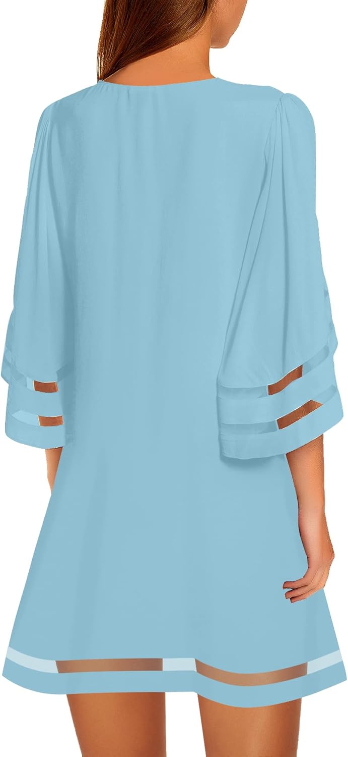 LookbookStore Women Casual Crewneck Mesh Panel 3/4 Bell Sleeve Loose Tunic Dress - Image 2
