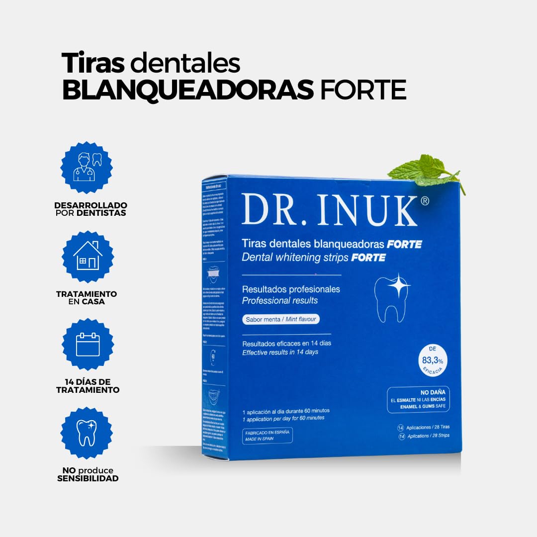 Tiras blanqueadoras de dientes PROFESIONALES FORTE - 28 tiras sin peróxido o ácidos para 14 sesiones de blanqueamiento dental - Fabricado en España - Fórmula eficaz 83.3% PAP - Incluye guía de tonos