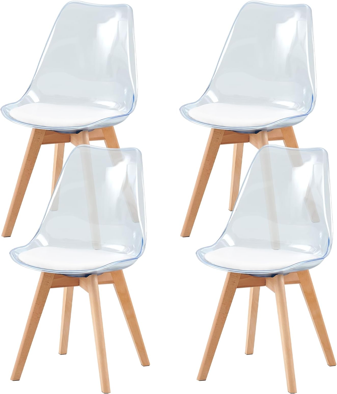 Set of 4 Dining Chairs Modern Kitchen Clear Acrylic Dining Chairs with PU Leather Cushions and Solid Beech Wood Legs for Living Room and Bedroom Blue