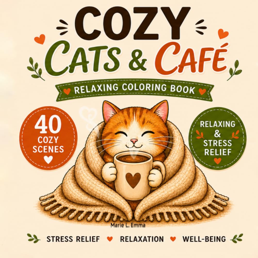 Cozy Cats & Café: Relaxing coloring book Cute Cats, Cozy Coffee Scenes, Stress Relief & Simple Designs