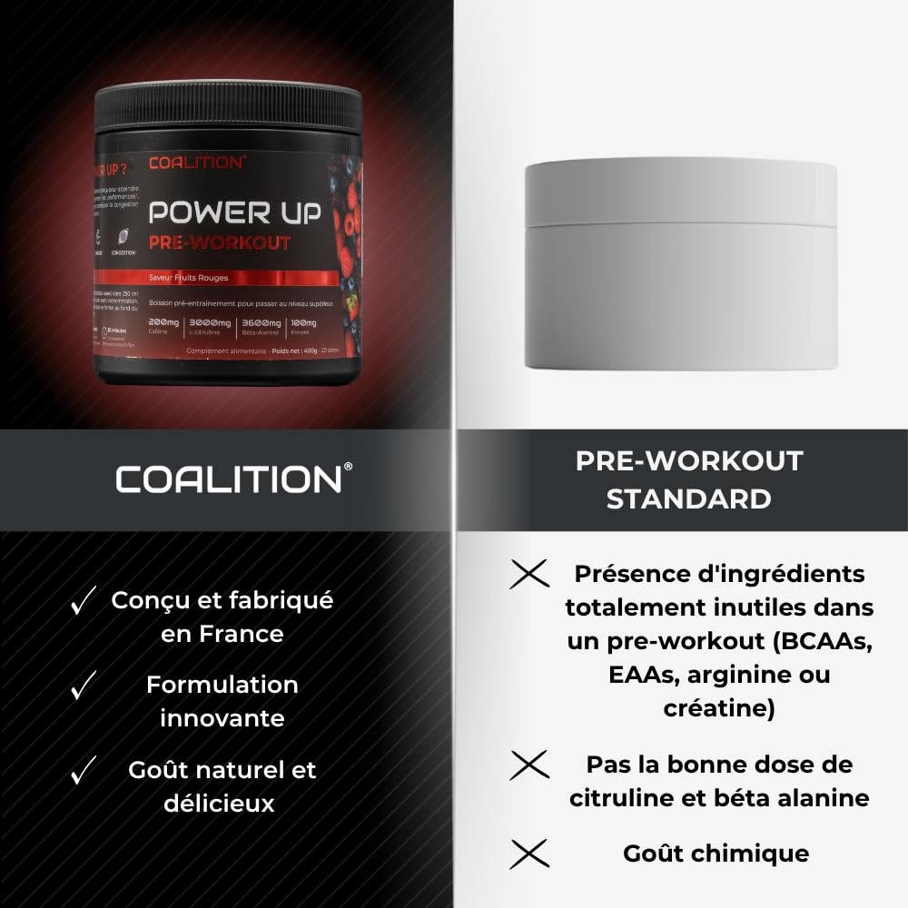 Pre Workout Power Up@ | Booster pump puissant avant entrainement musculation homme pour améliorer force et concentration | Complément alimentaire Preworkout boisson énergisante poudre | Fruits rouges