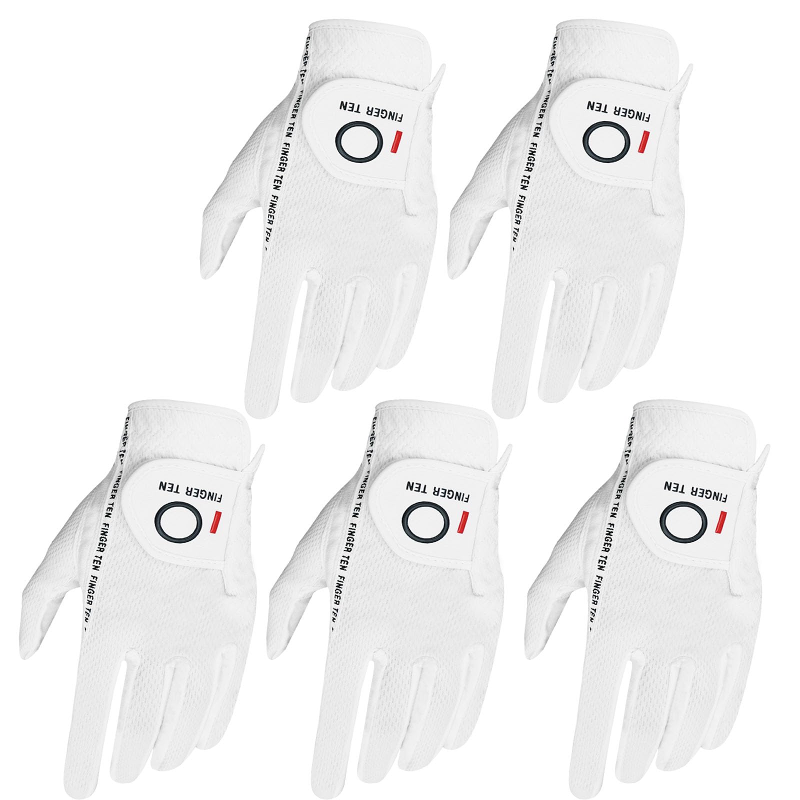 FINGER TEN Golf Gloves Men Left Hand Right Rain Grip Weathersof Value 5 Pack,Mens Golf Glove Wear Resistant Non Slip All Weather Soft Durable (White, M/L, Left)