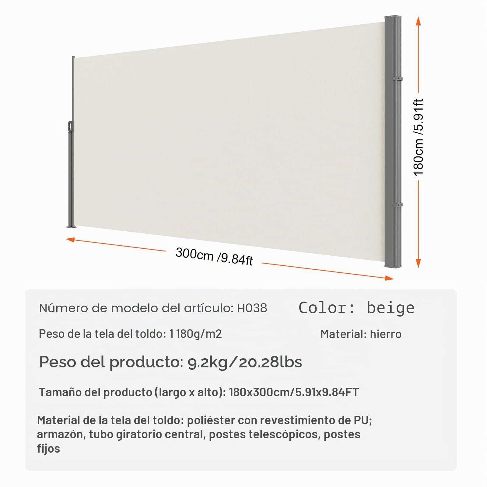 VEVOR Toldo Lateral Retráctil Pantalla de Privacidad al Aire Libre 180x300 cm Toldo Lateral contra Viento Impermeable de Poliéster Divisor de Habitación UV 30+ para Patio, Jardín, Balcón, Beige